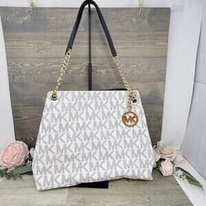 Michael Kors Jet Set Shoulder Bag Logo Purse Vanilla and Blue With Chain Straps